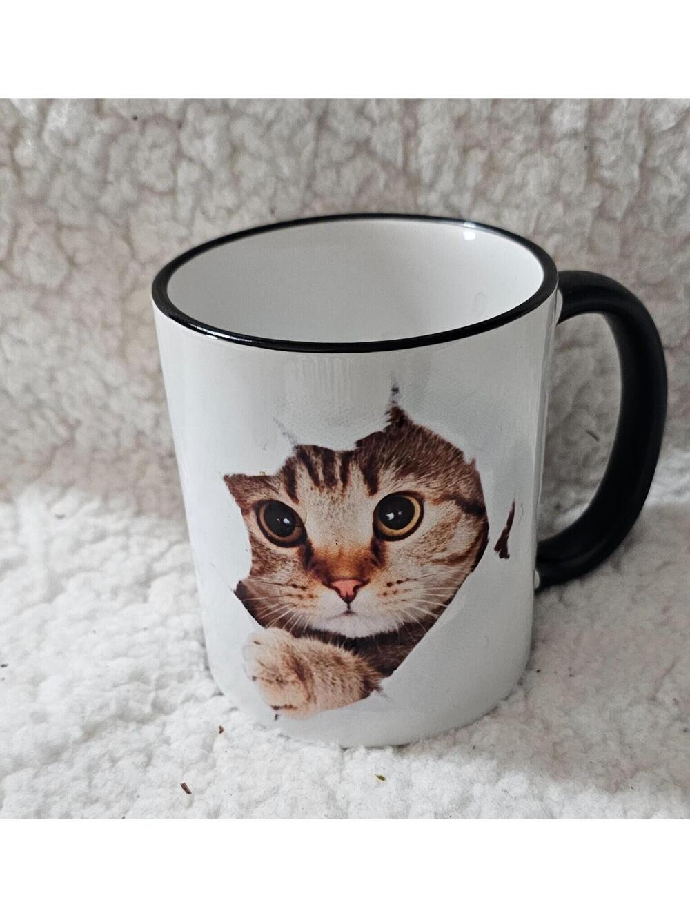 Unbranded Cat Kitty Coffee Mug Cup Double Sided White Ceramic 4" Cat Popping Out